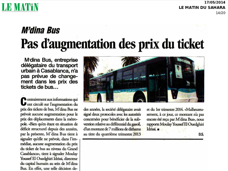 Journal Le Matin – MDINABUS – 17 mai/may 2014